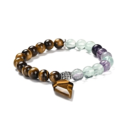 Флюорит Эластичные браслеты с круглыми бусинами из натурального тигрового глаза и флюорита, с половинчатыми сердечками, внутренний диаметр: 2-1/8 дюйм (5.5 см)