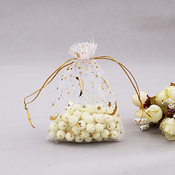 White Rectangle Organza Drawstring Bags, Gold Stamping Moon and Star Pattern, White, 9x7cm