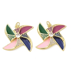 Colorful Brass Micro Pave Colorful Cubic Zirconia Pendants, with Enamel, Windmill Charms, Golden, Colorful, 24.5x25.5x6.5mm, Hole: 3.5mm