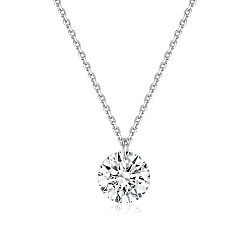 Platinum Flat Round Cubic Zirconia Pendant Necklaces, with Rhodium Plated 925 Sterling Silver Cable Chains for Women, Platinum, 13.78 inch(35cm)