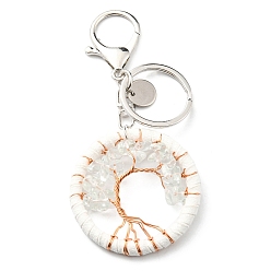 Quartz Crystal Natural Quartz Crystal Keychains, Flat Round with Tree of Life Charms, 5cm