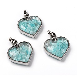 Amazonite Glass Bottle Pendants, with Natural Amazonite Chips and Platinum Plated Alloy Findings, Heart, 40x32.5x11mm, Hole: 8x5mm