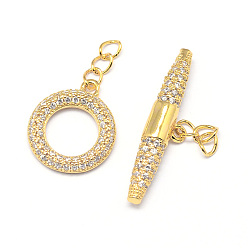 Real 18K Gold Plated Brass Micro Pave Cubic Zirconia Ring Toggle Clasps, Cadmium Free & Nickel Free & Lead Free, Real 18K Gold Plated, toggle: 16x14x2mm, Hole: 3x2mm, Bar: 6x26x4mm, Hole: 3x2mm.