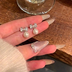 Platinum Bowkont Alloy Rhinestone Stud Earrings, Plastic Beads Earrings with 925 Sterling Silver Pins, Platinum, 50x50mm