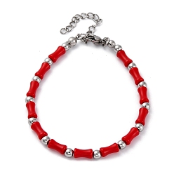 Красный 304 браслеты из нержавеющей стали с бусинами для женщин, колонка, со стеклянными и стальными бусинами, красные, 7-1/8 дюйм (18.1 см)