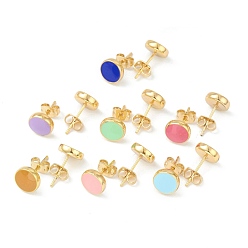 Mixed Color Golden Plated Brass Enamel Stud Earrings, with Ear Nuts, Flat Round, Mixed Color, 9mm, Pin: 0.6mm