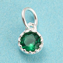 Green 925 Sterling Silver Charms, with Cubic Zirconia, Faceted Flat Round, Silver, Green, 7x5x2.5mm, Hole: 3mm