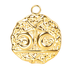 Golden Stainless Steel Pendants, Flat Round with Moon Charms, Golden, 24x20x2mm, Hole: 2.5mm