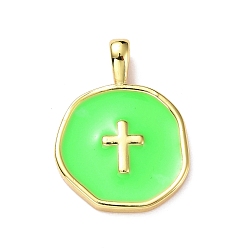 Lime Brass Enamel Pendants, Light Gold, Flat Round with Cross, Lime, 18x13.5x3.5mm, Hole: 2x3.5mm