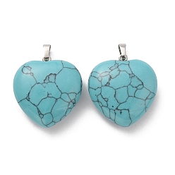 Turquoise Synthetic Turquoise Pendants, Heart Charms, with Rack Plating Platinum Tone Brass Snap on Bails, 32~33x30~31x12~13mm, Hole: 5x8mm