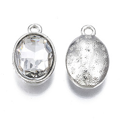 Clear Alloy Glass Pendants, Faceted, Oval, Platinum, Cadmium Free & Lead Free, Clear, 19x12x6mm, Hole: 1.8mm