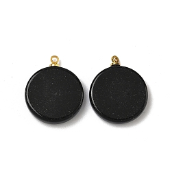 Обсидиан Природные подвески обсидиана, плоские круглые подвески с латунными дужками золотистого оттенка, 19~20.5x16~16.3x3.5~4.8 мм, отверстие : 6x3 мм