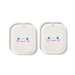 White Transparent Acrylic Pendants, Rectangle with Smiling Face Pattern, White, 36x30x3.5mm, Hole: 2.7mm