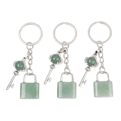 Зеленый Авантюрин Брелки с подвеской из натурального зеленого авантюрина, Замок и ключ, с разъемным кольцом для ключей из латуни и железа, стойки покрытие, долговечный, платина, 80 мм