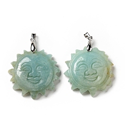 Flower Amazonite Natural Flower Amazonite Pendants, with Platinum Tone Brass Findings, Lead Free & Cadmium Free, Sun with Smiling Face, 42x34~35x10.5mm, Hole: 3.8x5mm