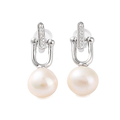Platinum 925 Sterling Silver Studs Earring, with Cubic Zirconia and Natural Pearl, Platinum, 22.5x8mm