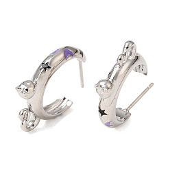 Violet Bleu Boucles d'oreille en laiton émaillé, forme de chat, boucles d'oreilles demi-créoles, sans plomb et sans cadmium, crémaillère plaquage, plaqué longue durée, platine, bleu violet, 21.5x18~18.5x4mm