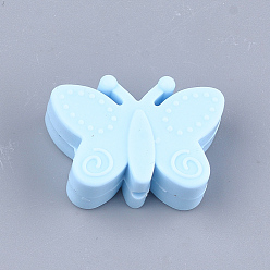 Light Blue Food Grade Eco-Friendly Silicone Focal Beads, Chewing Beads For Teethers, DIY Nursing Necklaces Making, Butterfly, Light Blue, 20.5x30x11mm, Hole: 2mm