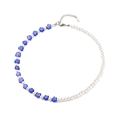 Blue Plastic Imitation Pearl & Millefiori Glass Beaded Necklace for Women, Blue, 16.14 inch(41cm)