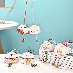 Mixed Color Porcelain Lucky Cat Pendant Decorations, with Random Color Ears,Cute Cat Wind Chime Hanging Ornament with Rope, for Car Decoration, Mixed Color, 35x52mm