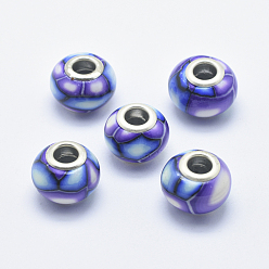Mauve Handmade Polymer Clay European Beads, with Silver Color Plated Brass Cores, Large Hole Beads, Rondelle, Mauve, 13~16x8~11mm, Hole: 4.5~5mm