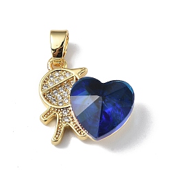 Dark Blue Real 18K Gold Plated Rack Plating Brass Micro Pave Clear Cubic Zirconia Pendants, with Glass, Long-Lasting Plated, Cadmium Free & Lead Free, Boy with Heart Charm, Dark Blue, 19.5x18x7.5mm, Hole: 5.5x3.5mm