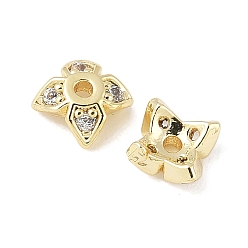 Настоящее золото 14K Колпачки для бусин из прозрачного кубического циркония из латуни, 4-лепестков цветка, реальный 14 k позолоченный, 5x5x2.5 мм, отверстие : 1 мм