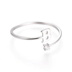 Letter B Rhodium Plated 925 Sterling Silver Cuff Rings, Open Rings, with Cubic Zirconia, Platinum, Clear, Letter.B, letter B: about 5x4.5x0.8mm, Size 7, 17mm