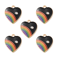 Black Alloy Enamel Pendant, with Rhinestone, Heart with Rainbow Charm, Black, 20x18x3.5mm, Hole: 2mm