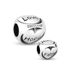 Antique Silver TINYSAND Oval Thailand 925 Sterling Silver European Beads, Large Hole Beads, Carved Word Love, Hope and Faith, Antique Silver, 10.27x10.21x10.06mm, Hole: 4.52mm