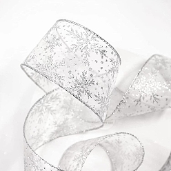 Серебро 10 ярдов рождественских шифоновых лент из полиэстера, кружевная лента горячего тиснения снежинка, для подарка украшения, изготовление банта, серебряные, 63 мм