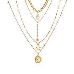 01KC gold 0730 Vintage Metal Chain Necklace with Star Moon Pearl Pendant - Retro, Long, Statement.