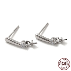 Real Platinum Plated Rhodium Plated 925 Sterling Silver Micro Pave Cubic Zirconia Stud Earring Findings, for Half Drilled Beads, Real Platinum Plated, 14x3mm, Pin: 0.9mm and 10.5x0.9mm