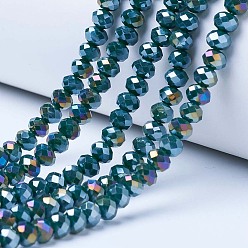 Teal Electroplate Glass Beads Strands, Opaque Solid Color, AB Color Plated, Faceted, Rondelle, Teal, 3.5x3mm, Hole: 0.4mm, about 123~127pcs/strand, 13.7~14.1 inch(35~36cm)