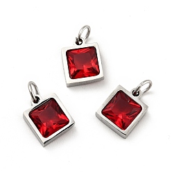 Red 304 Stainless Steel Pendants, with Cubic Zirconia and Jump Rings, Single Stone Charms, Square, Stainless Steel Color, Red, 9.5x8x3.5mm, Hole: 3.4mm