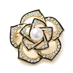 Golden Camellia Flower Plastic Pearl Enamel Pins, Alloy Badge with Crystal Rhinestone for Women, Golden, 33x33x10.5mm