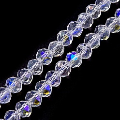 Clear Electroplate Transparent Glass Beads Strands, Half Rainbow Plated, Faceted, Rondelle, Clear, 6x5mm, Hole: 1mm, about 85~88pcs/strand, 16.1~16.5 inch(41~42cm)