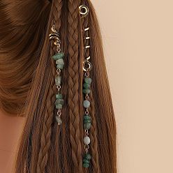Green Aventurine Alloy Dreadlocks Beads, Green Aventurine Braiding Hair Pendants Decoration Clips, 85~140x10mm, 2pcs/set