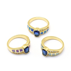 Golden Cubic Zirconia Finger Rings, with Synthetic Opal and Brass Findings, Long-Lasting Plated, Oval, Size 7, Blue, Golden, 17.5mm