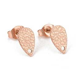 Rose Gold Ion Plating(IP) 304 Stainless Steel Stud Earring Findings, with Hole, Textured Teardrop, Rose Gold, 10x6mm, Hole: 1mm, Pin: 0.8mm