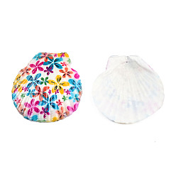 Flower Printed Natural Freshwater Shell Big Pendants, Shell Charm, Colorful, Flower Pattern, 55~75x52~70x6~8mm, Hole: 1.4mm