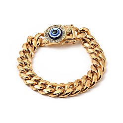 Golden Ion Plating(IP) 304 Stainless Steel Curb Chains Bracelet with Crystal Rhinestone, Resin Evil Eye Clasp Lucky Bracelet for Men Women, Golden, 9-5/8 inch(24.4cm)