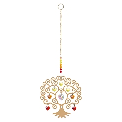 Heart Glass Pendant Decorations, Hanging Suncatchers, with Iron Charm, for Home Garden Decorations, Tree of Life, Golden, Heart, 270mm