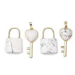 Howlite Natural Howlite Beaded Pendants, Lock and Key Charms, with Golden Brass Findings, 31.5~32.5x20~20.5x7.5mm, Hole: 11x12mm