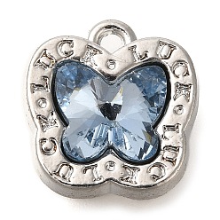 Васильковый Стойки подвески обшивки сплава, со стразами, бабочка, васильковый, 13x12.5x7 мм, отверстие : 1.4 мм