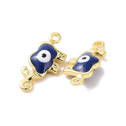 Marine Blue Brass Enamel Connector Charms, Real 18K Gold Plated, Elephant with Evil Eye Pattern, Marine Blue, 6x14.5x3mm, Hole: 1mm