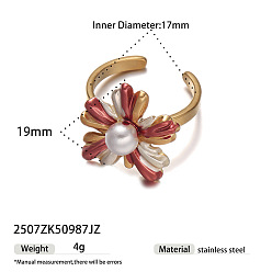 Цветок День святого Валентина 304 Открытые кольца-манжеты из нержавеющей стали с прозрачными кубическими цирконами и пластиковым жемчугом, золотые, цветок, 17 мм