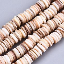 BurlyWood Natural Freshwater Shell Beads Strands, Heishi Beads, Flat Round/Disc, BurlyWood, 10~11x1~3mm, Hole: 1mm, about 170~175pcs/strand, 15.39 inch(39.1cm)
