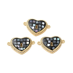 Черный Покрытие стойки латунь микро паве прозрачный кубический цирконий звенья в форме сердца, с эмалью и ракушкой, реальный 18 k позолоченный, долговечный, без свинца и без кадмия, чёрные, 15x22x4 мм, отверстие : 1.2 мм