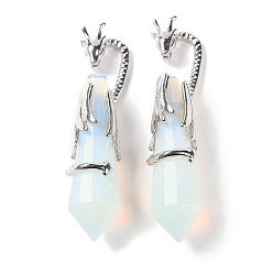 Опал Большие подвески с опалитом и заостренной пулей, стойка с латунными подвесками в виде дракона, без свинца и без кадмия, платина, 73.5~78.5x15.5~16.5x15.5~16.5 мм, отверстие : 4x2.5 мм